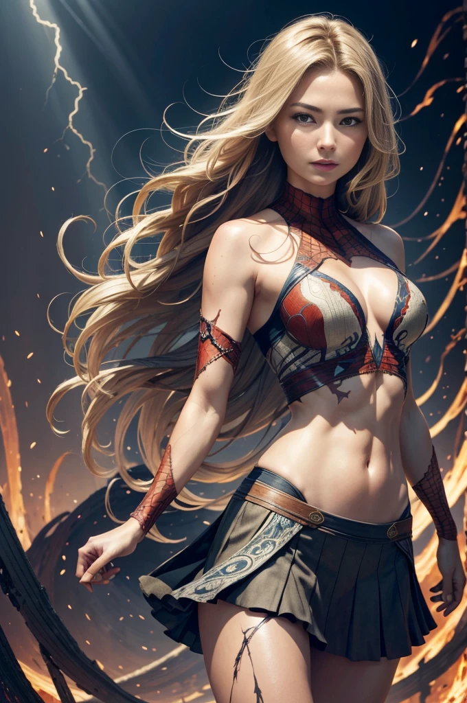 "Emily VanCamp, showing her belly button, In New York, wearing a torn spiderman suit, Wearing a skirt, abstract photorealistic, artistic, Alphonse Mucha&#39;Masterpieces of painting, Best Quality, High resolution:1.4), Detailed, Intricate details, 4K, color splashes, line-drawing, Fibonacci, hight resolution, Vibrant colors, with fantasy background, Female features&#39;Flowing hair and dramatic light rays.."