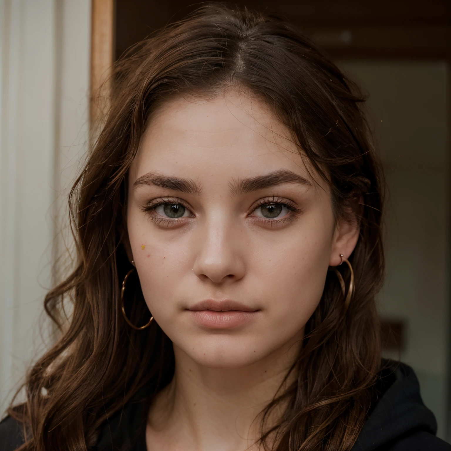 A person with brown curly hair. Green hazel eyes, hooded. A sharply defined nose. Thin lips that are slightly bruised from the cold. A red tint to the skin from the winter. Pale from lack of sunlight. Two earrings on the right ear for doubles. Messy arched eyebrows. Long eyelashes.