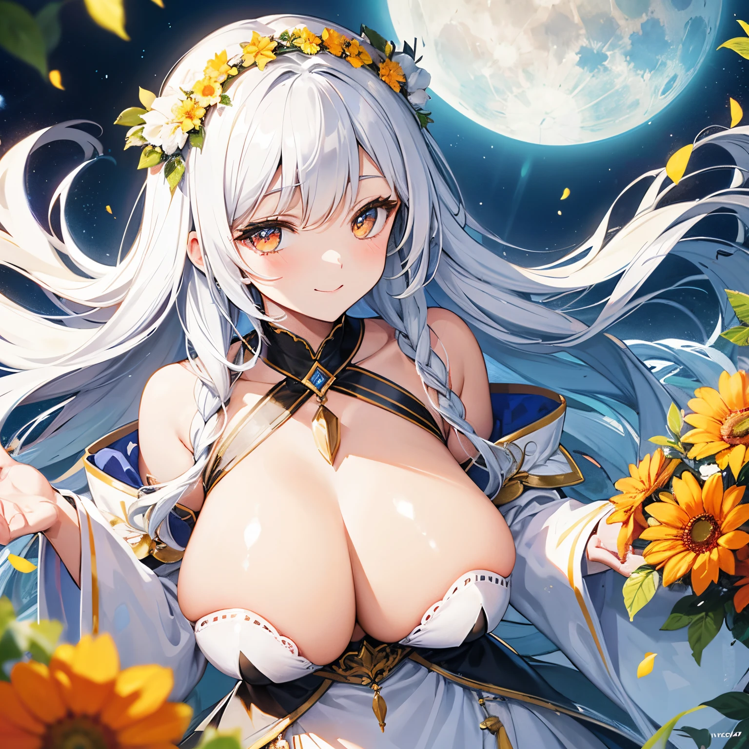 Very voluptuous moon goddess, with huge breasts, white long hair, white skin, brown eyes and a receptive and warm smile, revealing , open arms, liberated, attractive, lascivious and attractive face, Lovingly looking at the camera, going to hug the viewer, maternal aspect, nature landscape around, Garland on head  of orange flowers,