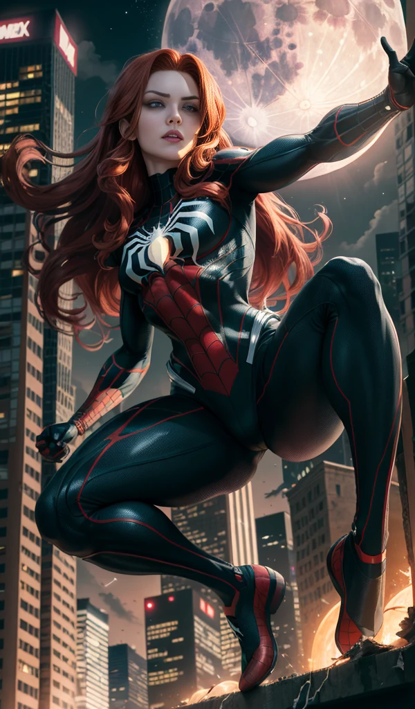 (Masterpiece, 4k resolution, ultra-realistic, very detailed), (black superhero theme, charismatic, on top of town, wearing Spider-Man costume, she's a superhero), [ ((25 years), (long red hair:1.2), full body, (green eyes:1.2), ((Spider-Man pose), show of strength, jumping from one building to another), ((sandy  environment):0.8), (cityscape, at night, dynamic lightull moon))] # Explanation: The Prompt mainly describes a 4K painting of ultra-high definition, very realistic, very detailed. It shows a superheroine at the top of the city, wearing a black Spider-Man costume. The theme in the painting  a black superhero theme, the female protagonist has long red hair,  25 years old and her entire body  shown in the painting. In terms of portraying the actions of superheroines, spiders are employed