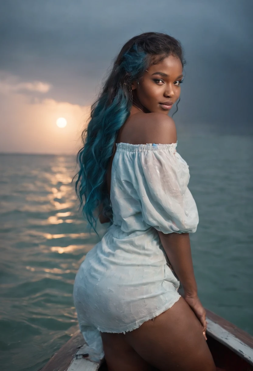 photograph of a 20yo dark skinned black woman, beautiful, gorgeous, sexy, cute, pretty, erotic, long shiny blue hair, pigtails, dimples, pretty brown eyes, long eyelashes, perky lips, 28d breast, big buttocks, petite, manicured fingernails, manicured toenails, torn clothing, tattered clothing, tattered shirt, tattoos, nude, shipwrecked at sea, floating on the water, boat wreckage, rain, thunder, moon, lightning, hurricane, ocean, water, log raft, sharks, fish, full body shot, dramatic angle, extreme angle shot