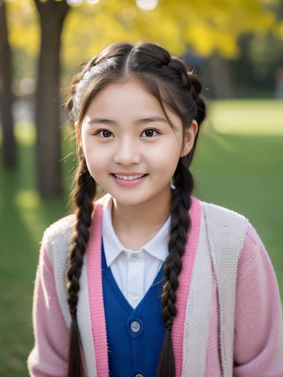 Chinese ,elementary d girls,Little girl of yeold,bgirl,Braidring cardigan, te Chinese face, braid hairstyle, Colorful braids, Young and cute asian face, Chinese primary school girl, Cute Korean face, yanjun chengt, Doublestyle, ChineseGirl, Two braids hairstyle, young asian girl, korean artist,The person in the middle of the picture,Bust photo,The role centered,The character faces the camera,Head facing the camera,Character centered and facing camera,The body centered,The body facing the camera,Shoulders facing the camera,ID photo,Extremely blurry background,The scenery behind me particularly blurry,The scenery by the lake behind me particularly blurry,The background of the park particularly blurry。