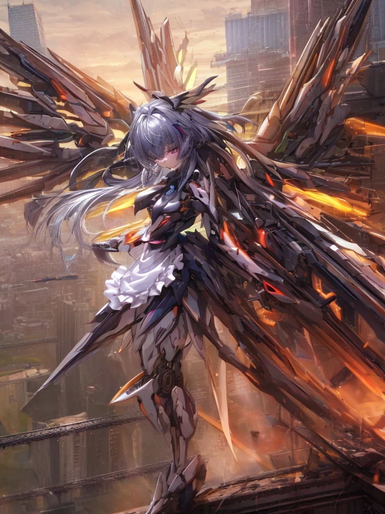 top-quality、ighly detailed、masterpiece、ultra-detailliert、illustratio、((1girl in))、silber hair、length hair、Floating hair、、Cyber City、Neon building、(The upper part of the body:1.05)、extremely_Detailed_Eyes_And_Face,cybernetic wings mechanical wings、Random posture、Skyscraper、、Mechumusume、shrine maiden clothe,maid clothes、Random angles、anime styled,cowboy shot