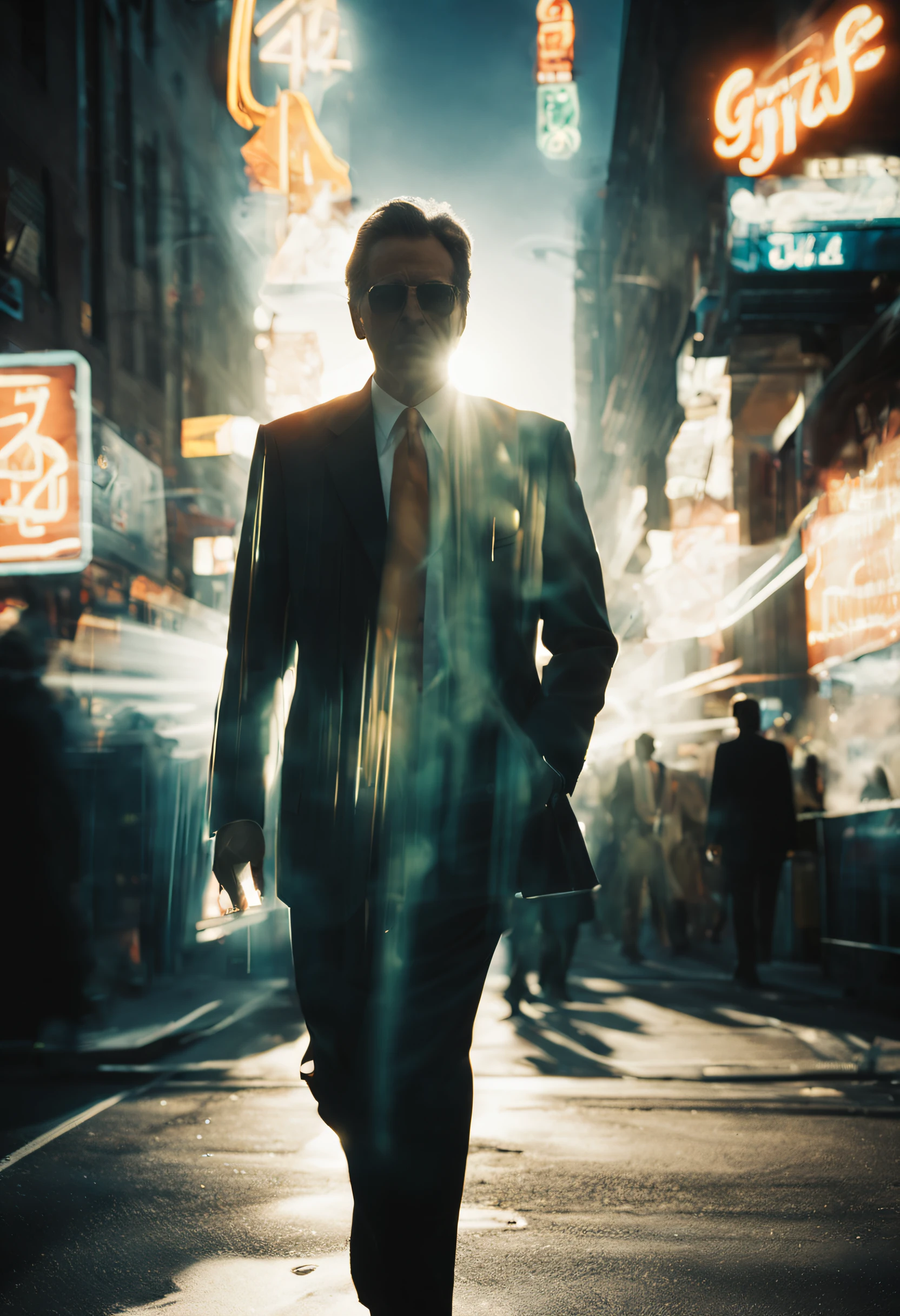 a double-exposure photograph of a man in a suit walking along and a street with neon signs, busy street, crowds, (sunny 4pm: 1.3), cinematic lighting, (double exposed: 1.5), camera flash light, Shutter drag, motion blur, Lens flare, (graflex speed graphic: 1.4), street photography, magnum, film grain, black and white, Bruce Gilden style