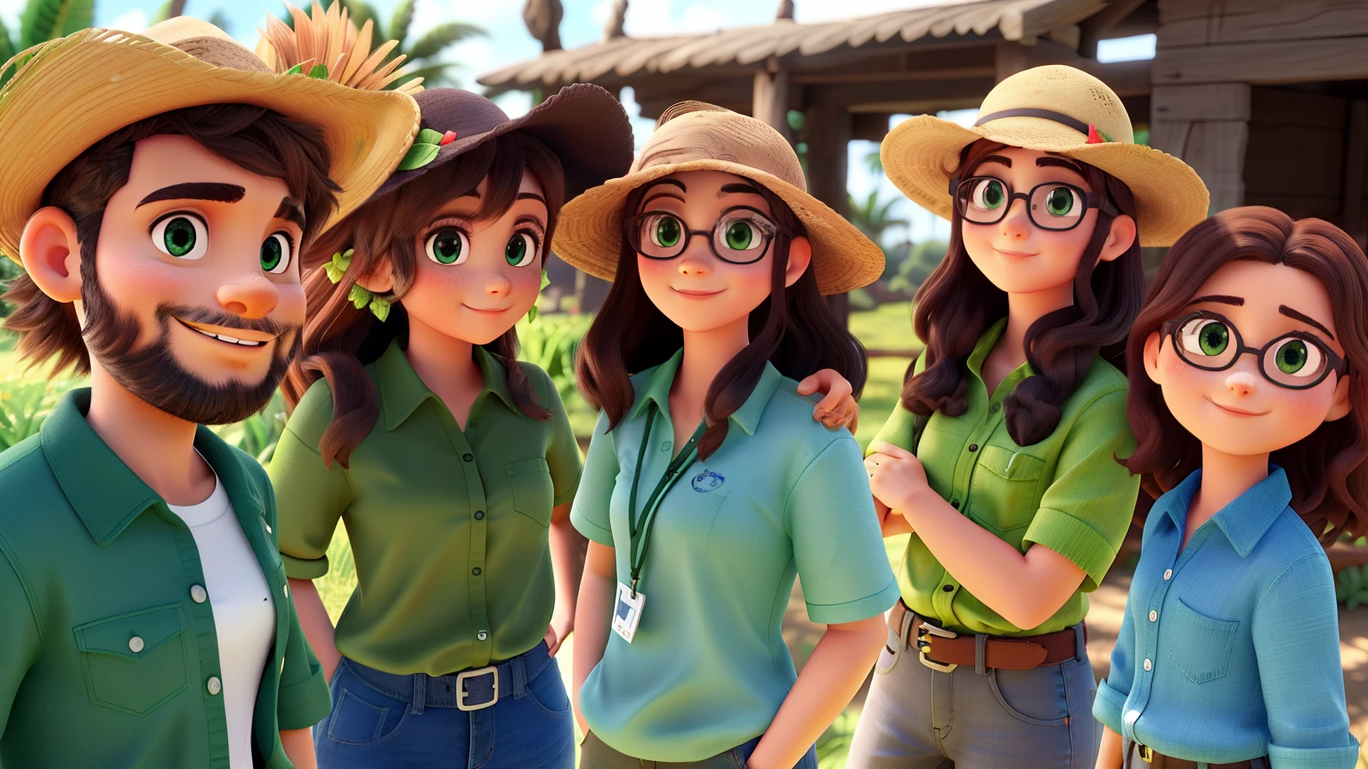 Vista, panorama, perspectiva, profundidade de campo, busto, parte superior do corpo, cinematic angle, master part, best quality, ultra detalhado, CG, Papel de parede 8K, real face, Olhos, eyeglass, hats, grupo, cinco pessoas, sorrir, cabelos pretos, olhos marrons, pele marrom, fios de cabelo, green handkerchief, blusa verde musgo, blue jeans, Campo de capim, vacas brancas, casa de fazenda, cercas, rio, sorridente