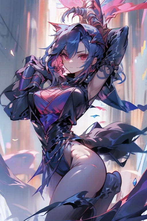 A mysterious female ninja in her late 20s.、Wear less revealing clothing、Wearing a dark blue cloak and hood、She wears a very thick crimson scarf loosely wrapped around her neck to hide her mouth.、Cold expression、slender and tall、Weapon: 5 very thin steel wires、Anime style full body character image art