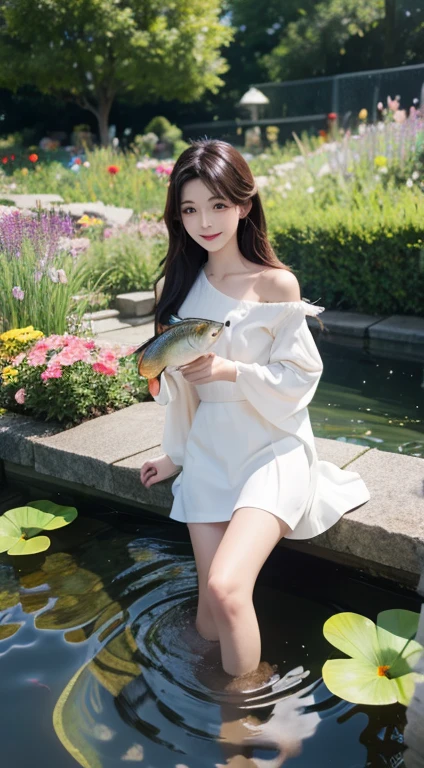 Anime girl holding a fish in a pond with flowers and butterflies, author：heroes, guweiz on pixiv artstation, Popular topics on artstation pixiv, Artgerm and Atey Ghailan, guweiz on artstation pixiv, Cute and detailed digital art, Artie Guéland 8K, Pixiv Contest Winner, Digital art on Pixiv