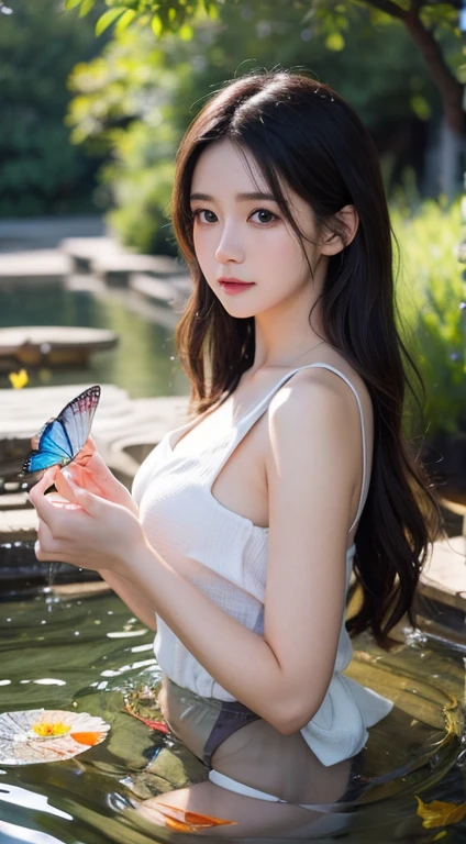 Anime girl holding a fish in a pond with flowers and butterflies, author:heroes, guweiz on pixiv artstation, Popular topics on artstation pixiv, Artgerm and Atey Ghailan, guweiz on artstation pixiv, Cute and detailed digital art, Artie Guéland 8K, Pixiv Contest Winner, Digital art on Pixiv