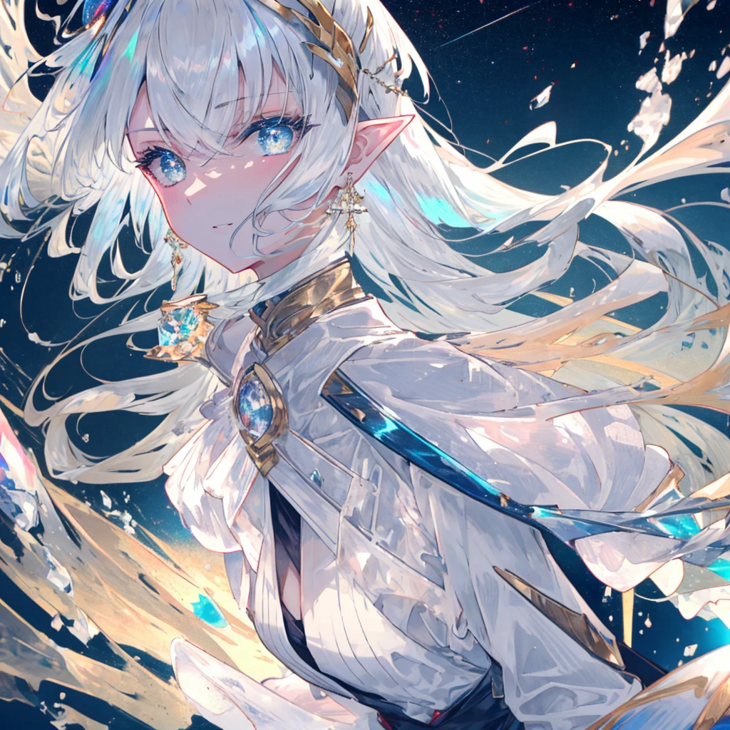 ( Hands:0.5)+(Detailed hand:0.7), (lana), (Best Quality), white hair, Akame,1girl in, pale skin, white hair, Akame, Two-tone hair, cilia, smil, glistning skin, shiny hair, Detailed and majestic stages, Fantasia, The long-haired, 1 girl, Two shades of hair, nigh sky, A masterpiece of incredibly detailed CG illustrations, looking towards you, Anime, beautiful anime eye, beatiful detailed eyes, The eye, Bright eye, Akame, Galaxy, nebulas, (full bodyesbian), (Curve), POV, Wet neckline, (thick thight), 4k HD |, A hyper-realistic, perfect bodies, Perfect lips, Perfect nose, perfect eyes, Looking at the viewer, doress, elegant dress, Soft dress, Longer dress, my, elf-ears, Neon light, neon light, bright colour, neon color, Bright eye, Nice dress, complex dress, helmets, laurels,