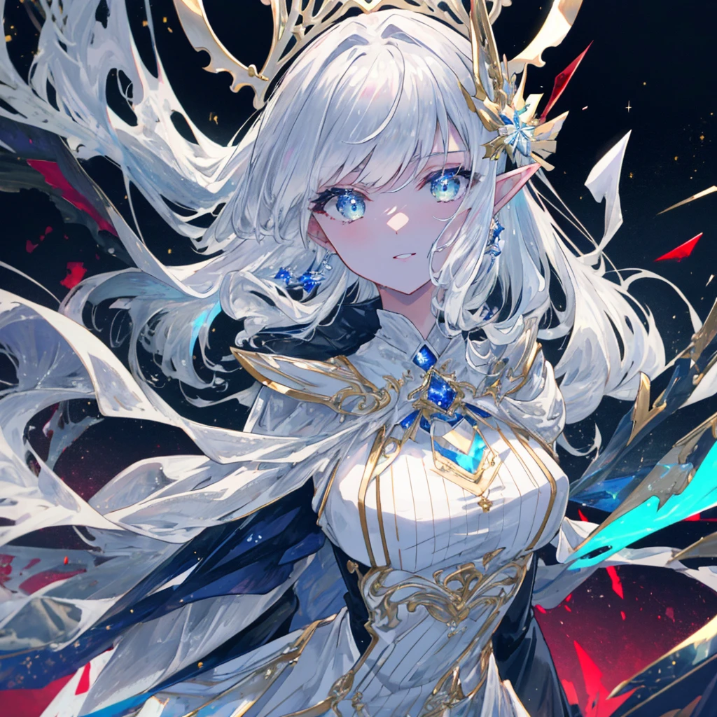 ( Hands:0.5)+(Detailed hand:0.7), (lana), (Best Quality), white hair, Akame,1girl in, pale skin, white hair, Akame, Two-tone hair, cilia, smil, glistning skin, shiny hair, Detailed and majestic stages, Fantasia, The long-haired, 1 girl, Two shades of hair, nigh sky, A masterpiece of incredibly detailed CG illustrations, looking towards you, Anime, beautiful anime eye, beatiful detailed eyes, The eye, Bright eye, Akame, Galaxy, nebulas, (full bodyesbian), (Curve), POV, Wet neckline, (thick thight), 4k HD |, A hyper-realistic, perfect bodies, Perfect lips, Perfect nose, perfect eyes, Looking at the viewer, doress, elegant dress, Soft dress, Longer dress, my, elf-ears, Neon light, neon light, bright colour, neon color, Bright eye, Nice dress, complex dress, helmets, laurels,