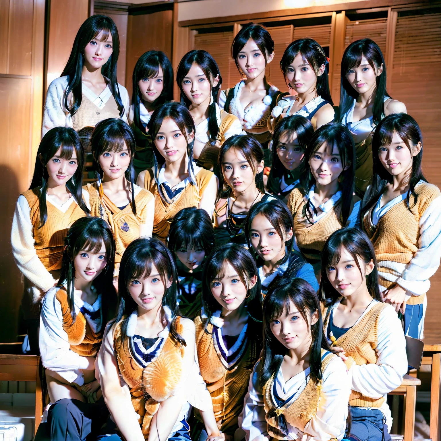 Raw photo、(((multiple girls))),((((6+girls)))),((((100girls)))),(((1000girls)))、((((100 Girls))))、((((Gigantic Breasts))))、Women only、The same face、matching school uniform、、Long black hair、100 cute girls、a smile、Scene from school、School route、(((Large group)))、a junior high school student