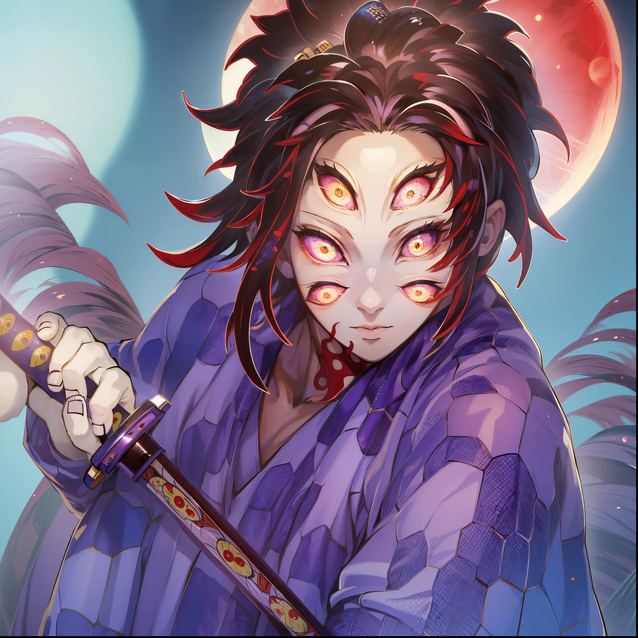 Ultra detailed, highres, absurdres, HDR, master piece, Saisei uchida, dark green hair, expressive golden eyes with white small pupil, white haori with patters of demonic, black kimuno with dark flower patterns, Kimetsu No Yaiba, fantasy, petals, red flowers, handsome, sexy man using blood demon art, solo, magic, shining blue and green fireflies, red moon, best quality, extremely detailed face and eyes, spirit, forest, four dark yellow petals attached to his hair
Waiting to start 
