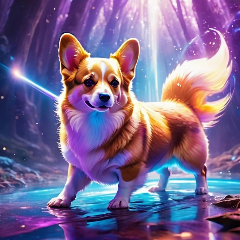 Surreal blue and purple corgi, with thin body, heroic, fierce, cinema, internal glow