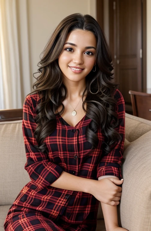 1 adult woman, long hair, curly hair, black hair, smooth skin, brown eyes, smile, lounge with sofa, Occasional, plaid set, realistic