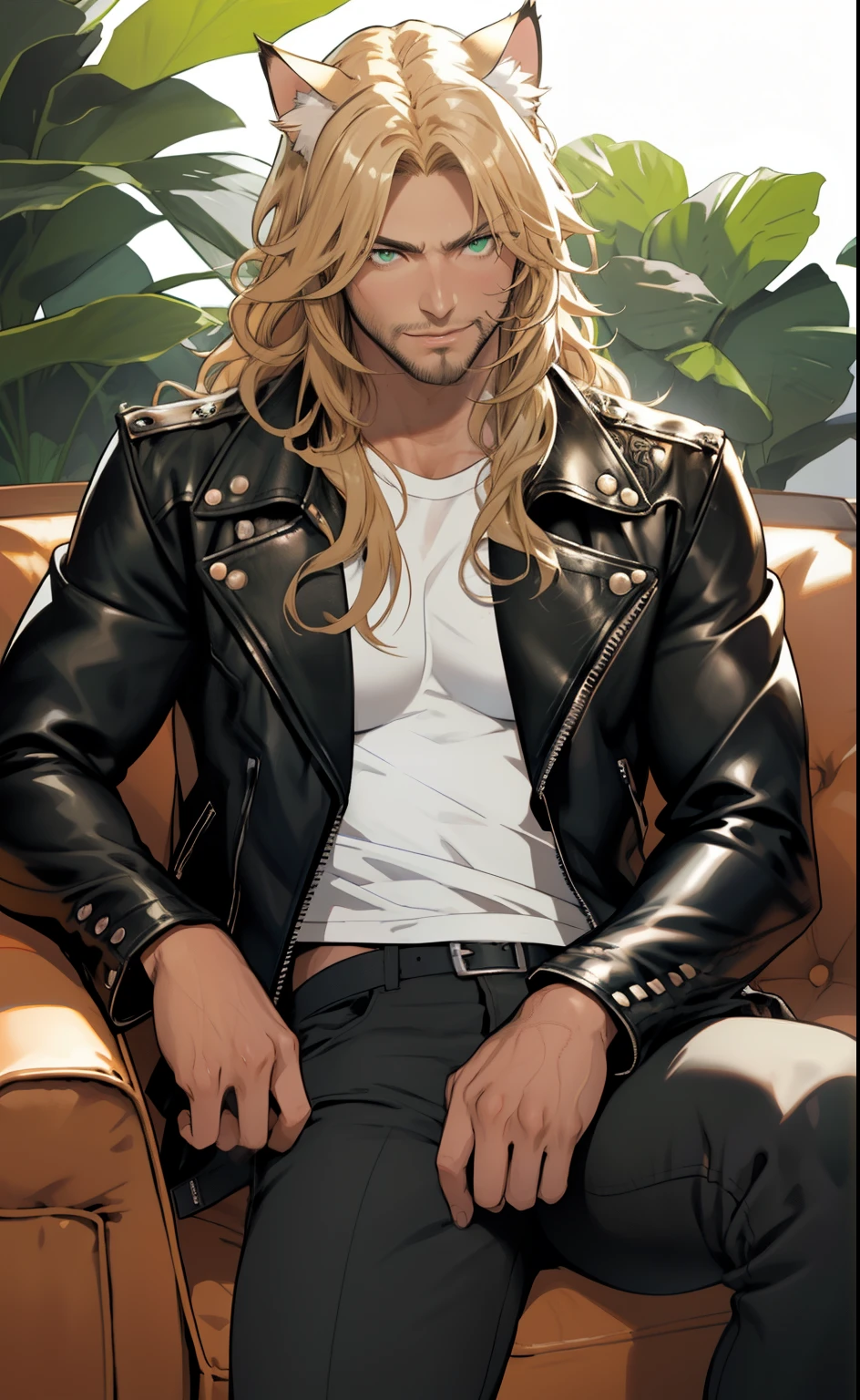 leather jacket, one male, cat ears, long hair, blond, blond hair, green eyes, tall, muscular, white shirt, beautiful face, highest quality, masterpiece, 2d, anime, perfect face, highest detail, feline eyes, stubble, cat tail, wavy hair, far shot, detailed face, intricate details, sitting on white couch, white background