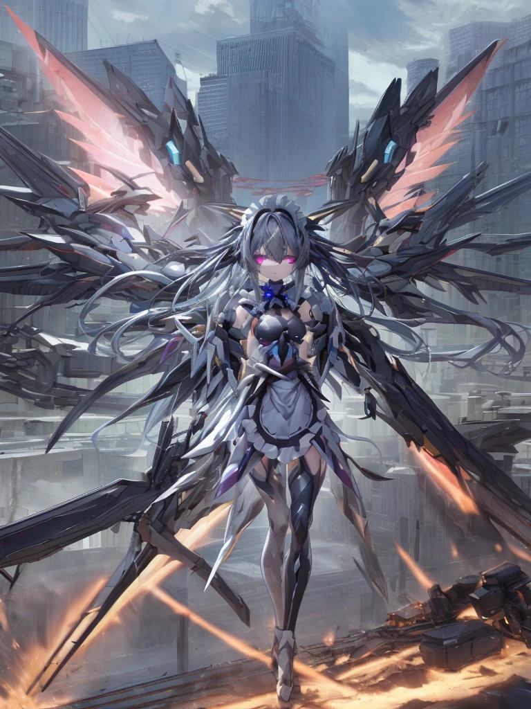 top-quality、ighly detailed、masterpiece、ultra-detailliert、illustratio、((1girl in))、silber hair、length hair、Floating hair、、Cyber City、Neon building、(The upper part of the body:1.05)、extremely_Detailed_Eyes_And_Face,cybernetic wings mechanical wings、Random posture、Skyscraper、、Mechumusume、shrine maiden clothe,maid clothes、Random angles、anime styled,cowboy shot
