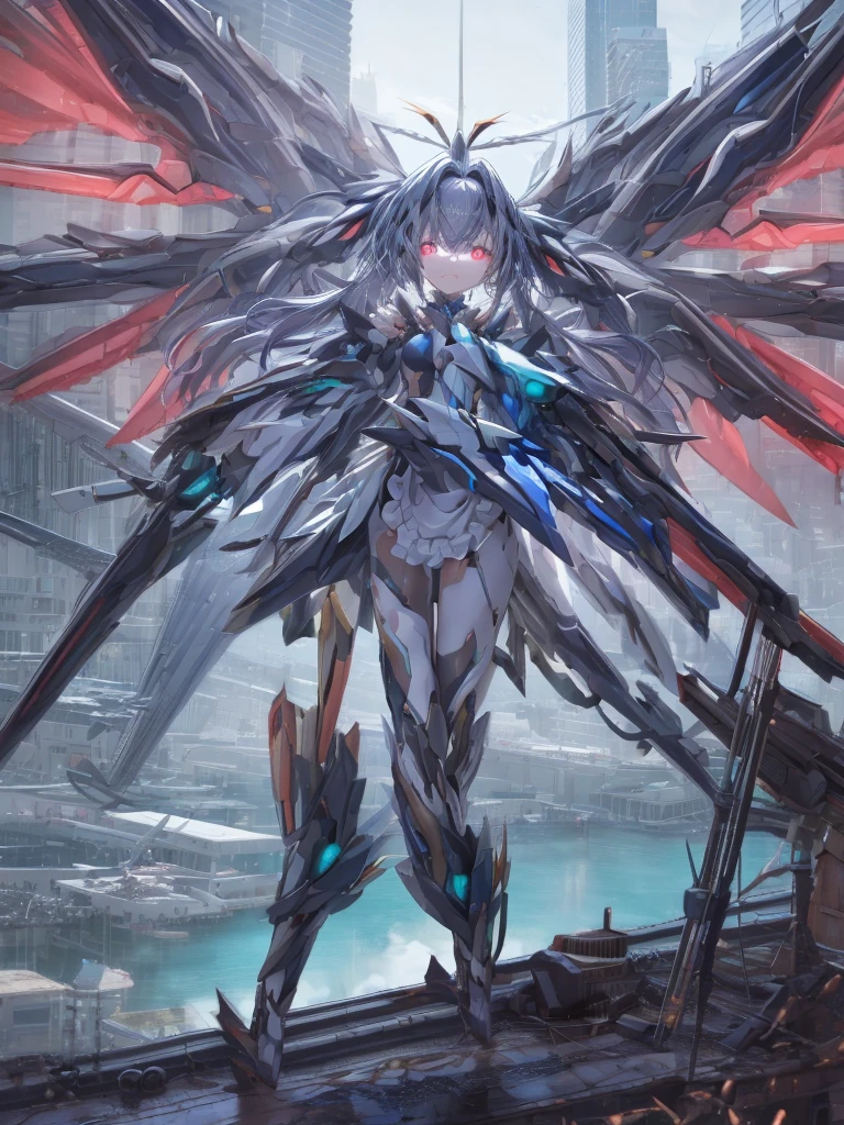 top-quality、ighly detailed、​masterpiece、ultra-detailliert、illustratio、((1girl in))、silber hair、length hair、Floating hair、、Cyber City、Neon building、(The upper part of the body:1.05)、extremely_Detailed_Eyes_And_Face,cybernetic wings mechanical wings、Random posture、Skyscraper、、Mechumusume、shrine maiden clothe,maid clothes、Random angles、anime styled,cowboy  shot