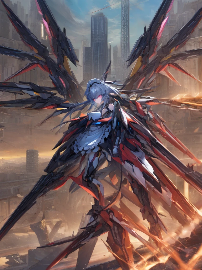 top-quality、ighly detailed、masterpiece、ultra-detailliert、illustratio、((1girl in))、silber hair、length hair、Floating hair、、Cyber City、Neon building、(The upper part of the body:1.05)、extremely_Detailed_Eyes_And_Face,cybernetic wings mechanical wings、Random posture、Skyscraper、、Mechumusume、shrine maiden clothe,maid clothes、Random angles、anime styled,cowboy shot