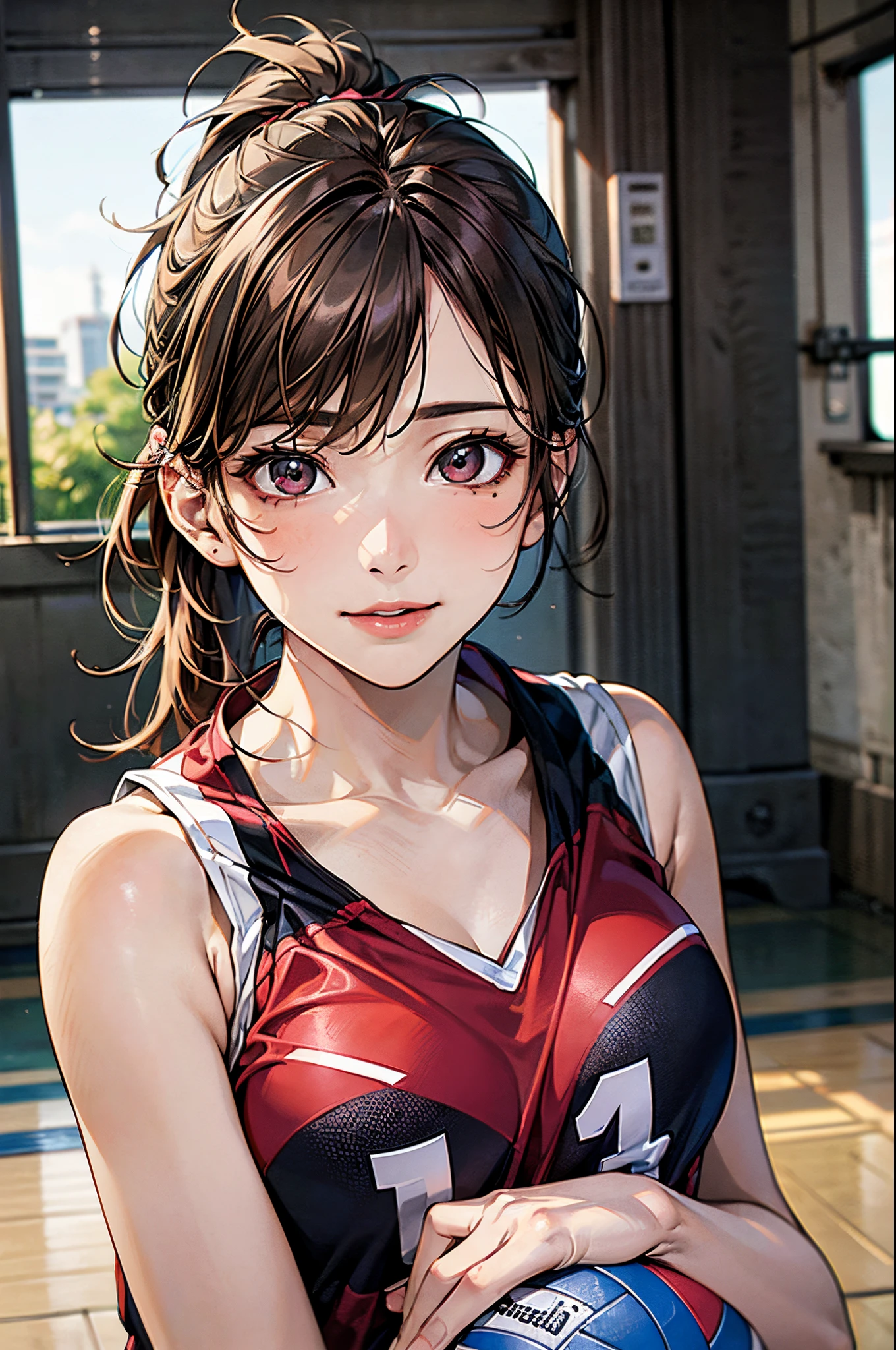 ((((perfect anatomy, anatomically correct, super detailed skin)))), 1 girl, japanese, 16 years old, volleyball player, shiny skin, watching the view, 
beautiful hair, beautiful face, beautiful detailed eyes, brown eyes, (middle hair:1.4, sporty ponytail:1.5), babyface, mole under eye, 
beautiful collarbones, beautiful body, Beautiful breasts, beautiful thighs, beautiful legs, large breasts:0.5, seductive thighs, cameltoe, bare arms, bare hands, bottmless, 
((symmetrical clothinetallic, sleeveless, red volleyball uniform, red buruma)), 
smile, sitting floor, ((((m leg, spread legeautiful scenery), morning, ((inside volley ball field)), 
(8k, top-quality, masterpiece​:1.2, extremely detailed), (photorealistic), beautiful illustration, natural lighting,