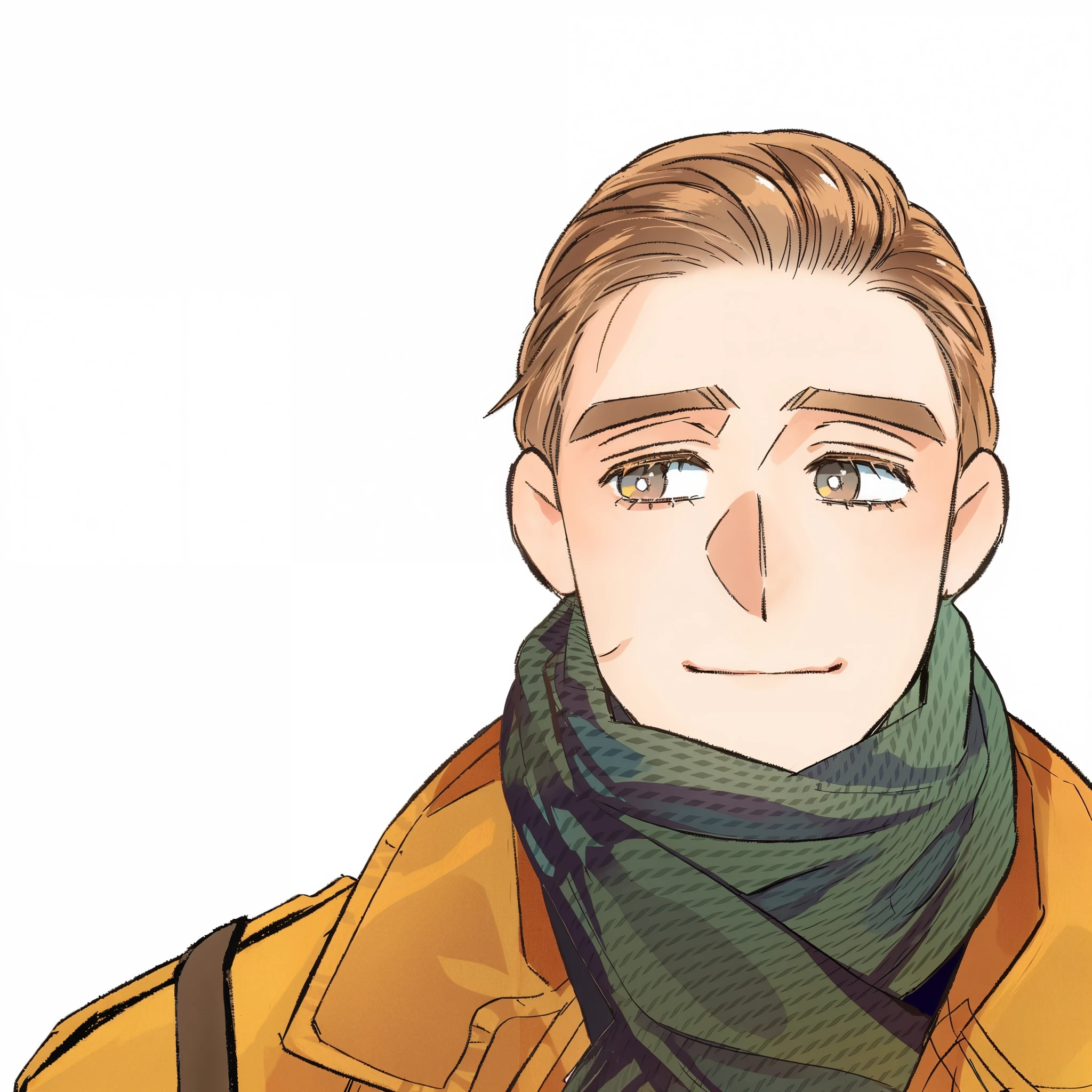 a close up of a person wearing a scarf and a jacket, inspired by Armin Hansen, inspired by Armin Baumgarten, tall anime guy with blue eyes, anime handsome man, he wearing a trenchcoat, inspired by Hans Fries, inspired by Ryūsei Kishida, his eyes glowing yellow, inspired by Hans Beat Wieland
