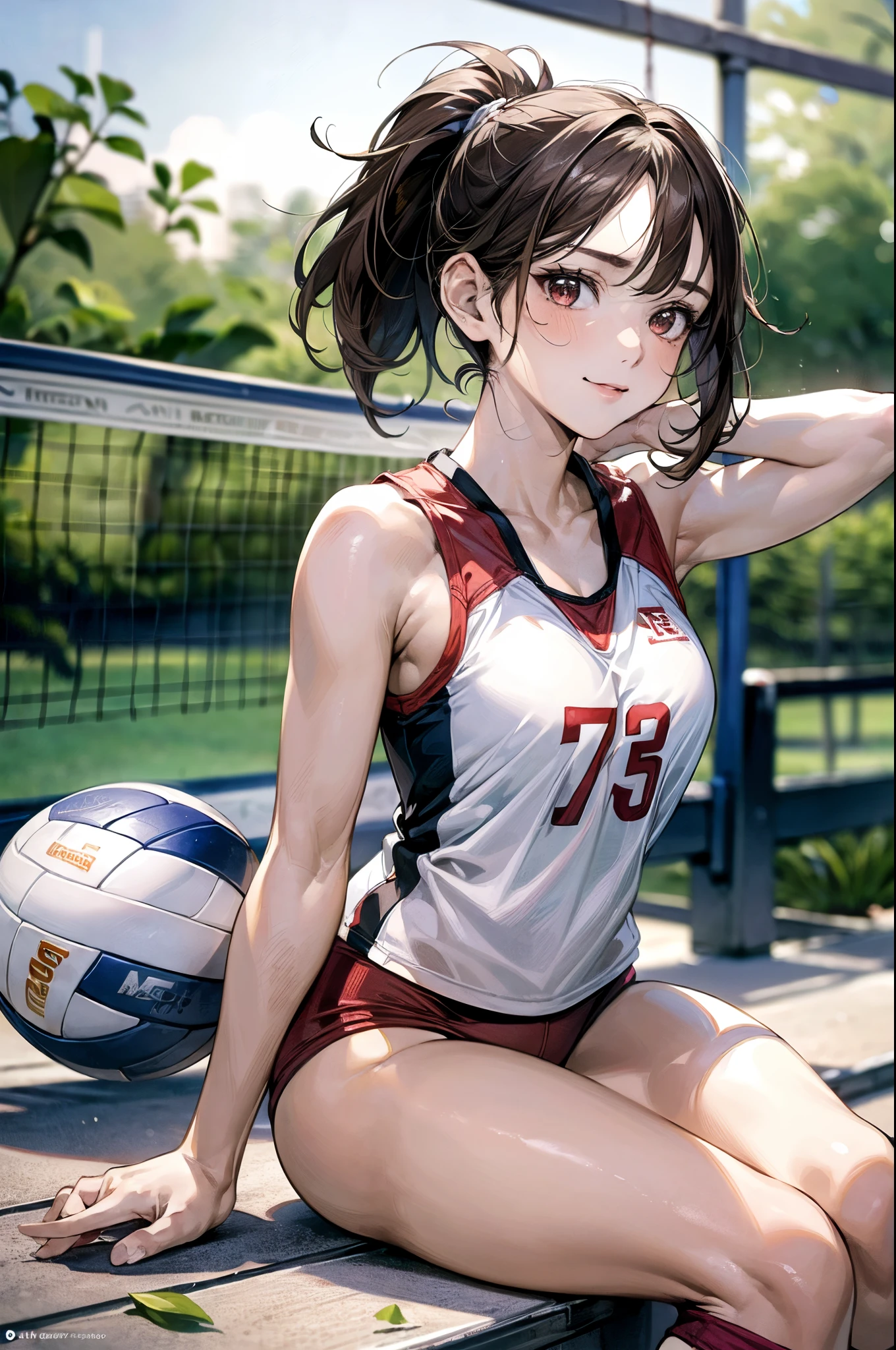 ((((perfect anatomy, anatomically correct, super detailed skin)))), 1 girl, japanese, 16 years old, volleyball player, shiny skin, watching the view, 
beautiful hair, beautiful face, beautiful detailed eyes, brown eyes, (middle hair:1.4, sporty ponytail:1.5), babyface, mole under eye, 
beautiful collarbones, beautiful body, Beautiful breasts, beautiful thighs, beautiful legs, large breasts:0.5, seductive thighs, cameltoe, bare arms, bare hands, bottmless, 
((symmetrical clothinetallic, sleeveless, red volleyball uniform, red buruma)), 
smile, sitting floor, ((((m leg, spread legeautiful scenery), morning, ((inside volley ball field)), 
(8k, top-quality, masterpiece​:1.2, extremely detailed), (photorealistic), beautiful illustration, natural lighting,