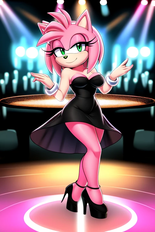 full body, Amy Rose, bob hair, seductive, medium breast, bare shoulder, strapless, little black dress, skin-tight dress, black high heels, nightclub background, smile, dancing, turning, dance floor, disco lighting, looking at viewer, high quality.