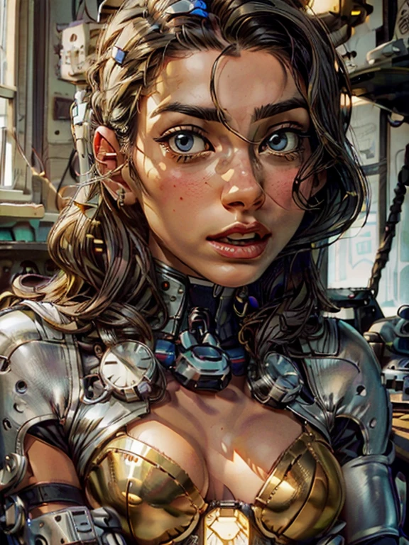 A beautiful girl sitting in a big time machine. Yellow cinematic lighting, peaceful atmosphere, sunlight coming through window and small robotic cat  sitting on the desk, girl's one hand  made with metal and intricate with wires, wearing a leather suit and highthigh heels, big boobs cleavage can be seen, wavy hairs, beautiful eyes, high-quality realistic, full panoramic view, wide andgle