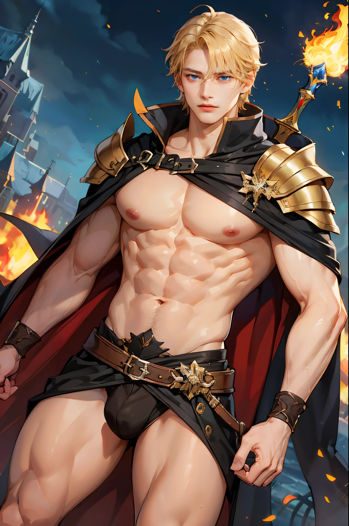 (absurdres, highres, ultra detailed, best quality, 8k, HDR), 1boy, solo, adult, handsome, ((tall muscular guy, broad shoulders)), finely detailed eyes, ((short blonde hair)), hair between eyes, forehead, ice blue eyes, magical spell, fantasy armor, (revealing armor, long cloak), (abs, sixpack, nsfw), sword, from waist, face focused, in the middle of war, in action, dynamic pose, high speed chase, fantasy scenery, flames, weapons, war amidst in the background, closed mouth, looking away, ((dutch angle)), depth of field, bokeh