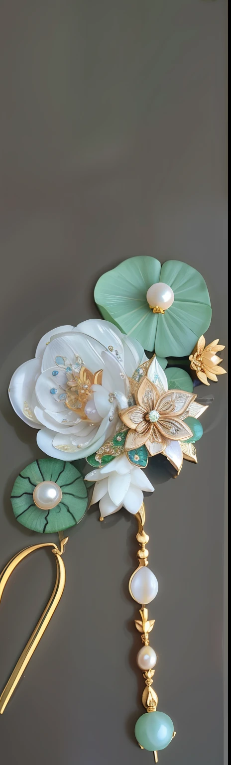 Close-up of a brooch with lotus leaves and pearls, glass、gold、jade, mother of pearl jewelry, detailed jewelry, Mother-of-pearl lotus leaf, Exquisite and smooth details, Highly defined details, inlaid gemstones, Delicate and precise brushwork, delicate embellishments, Green and gold charm, Van Cleef & Arpels & arpels style，lotus leaf hairpin，Lotus leaf，hairpin