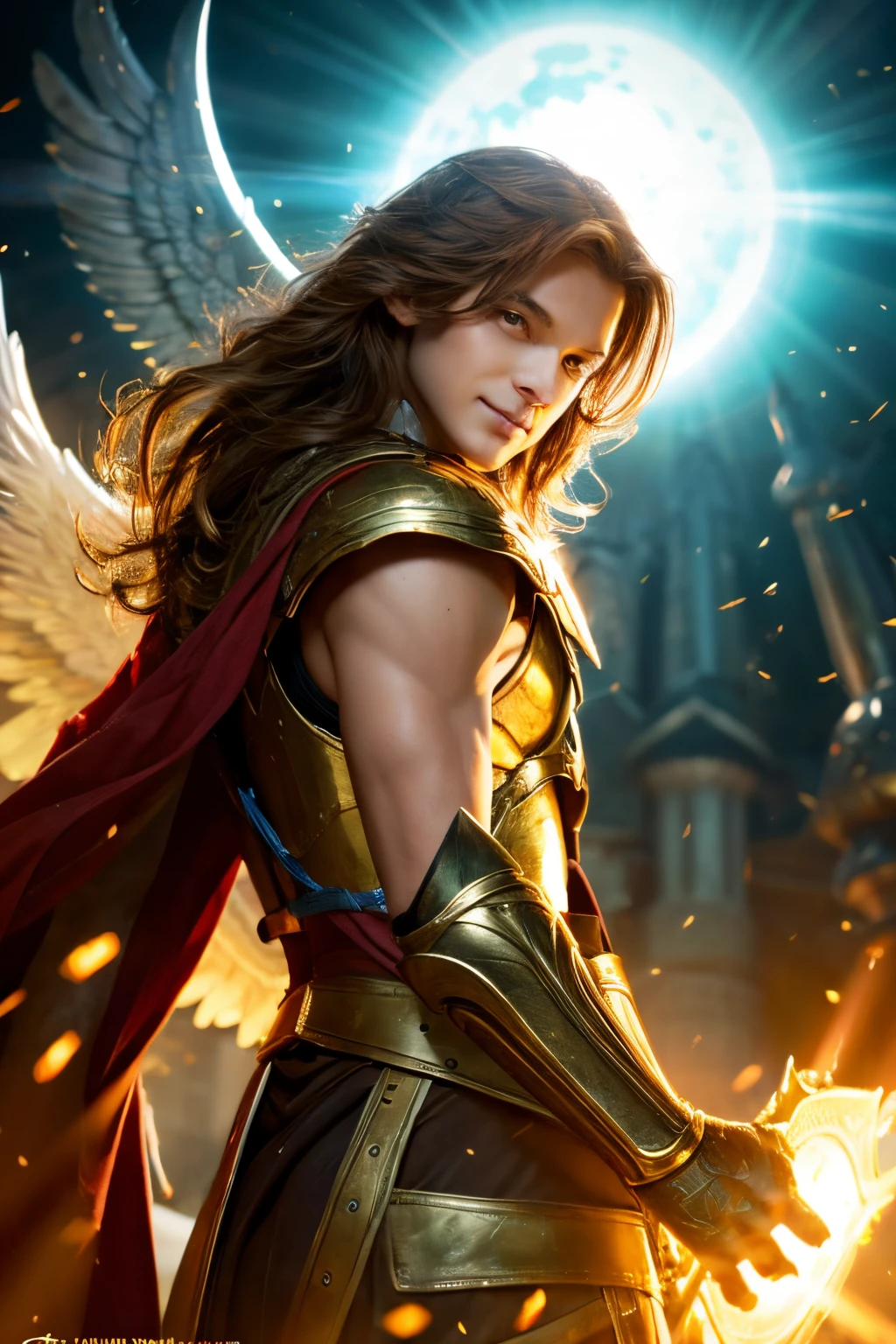 The gently smiling Guardian Archangel Michael is clad in fantasy-like golden light.