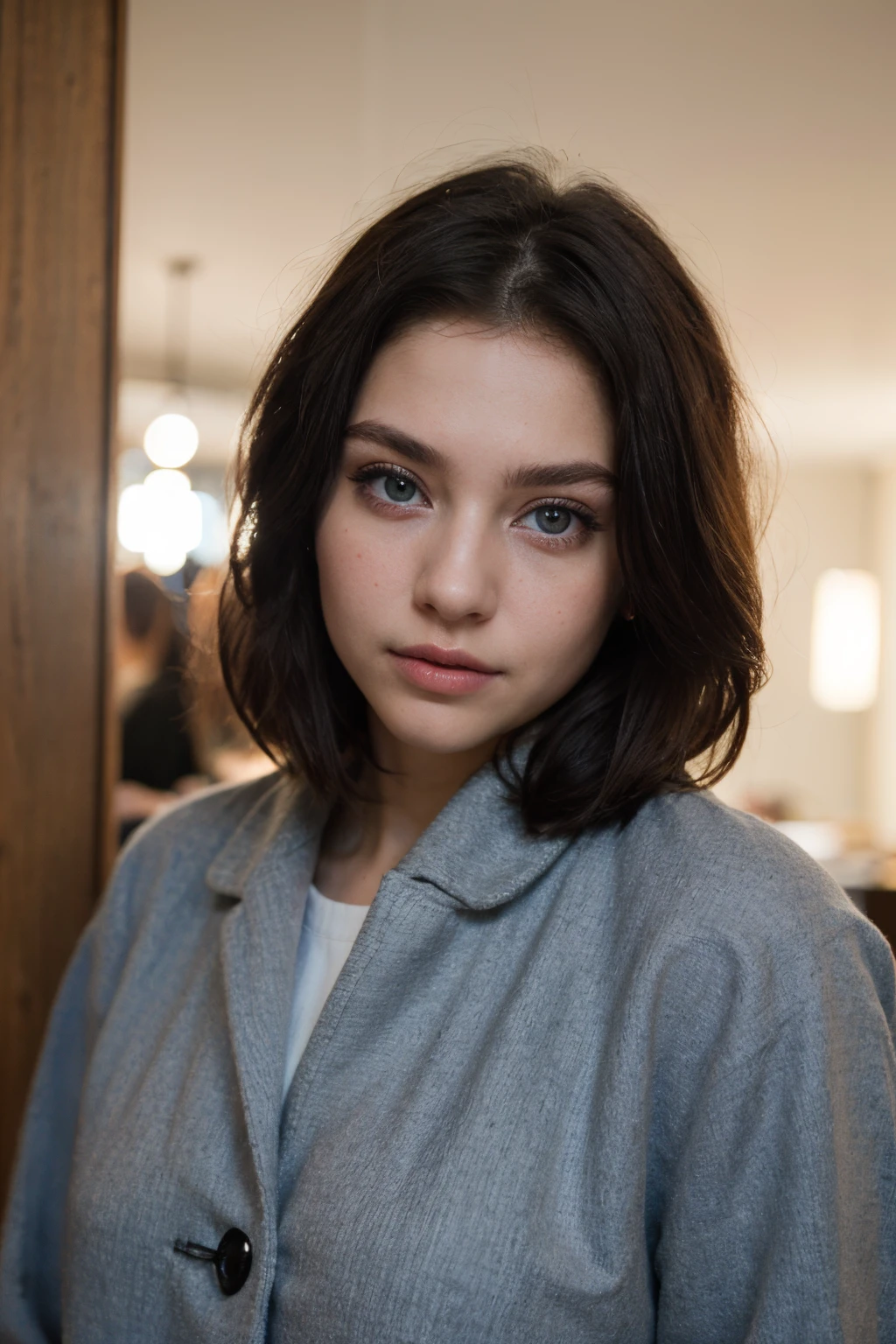 ((best quality)), ((masterpiece)), (detailed), perfect face, close up shot, 20 years old , beautiful girl, short hairs, big eyes, beautiful eyes, cute face, attention to detail, light makeup, natural skin, black hair, blue eyes, model pose, overcoat