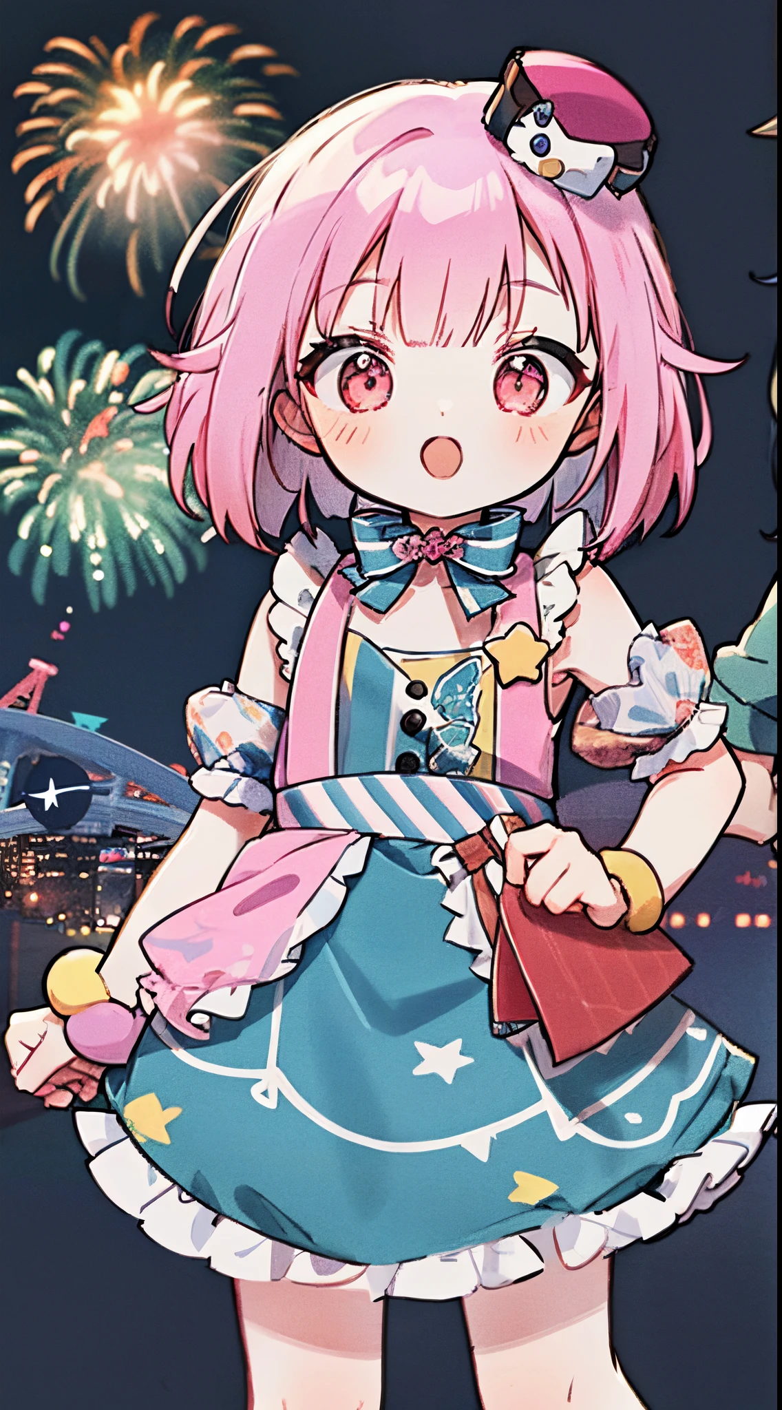 巨作, (Detailed, highres, Best Quality), 1girl, com.emucmc, Mini Hat, Frilled Dress, blue dress, bowtie, sleeveless, bracelet, star \(symbol\), aerial fireworks, fireworks, fish, floating hair, Flying fish, Full moon, goldfish, moon, night, night sky,  a fan, portrait, shadow,  background, sky, sky print, surreal, Uchiwa, whitebackground
