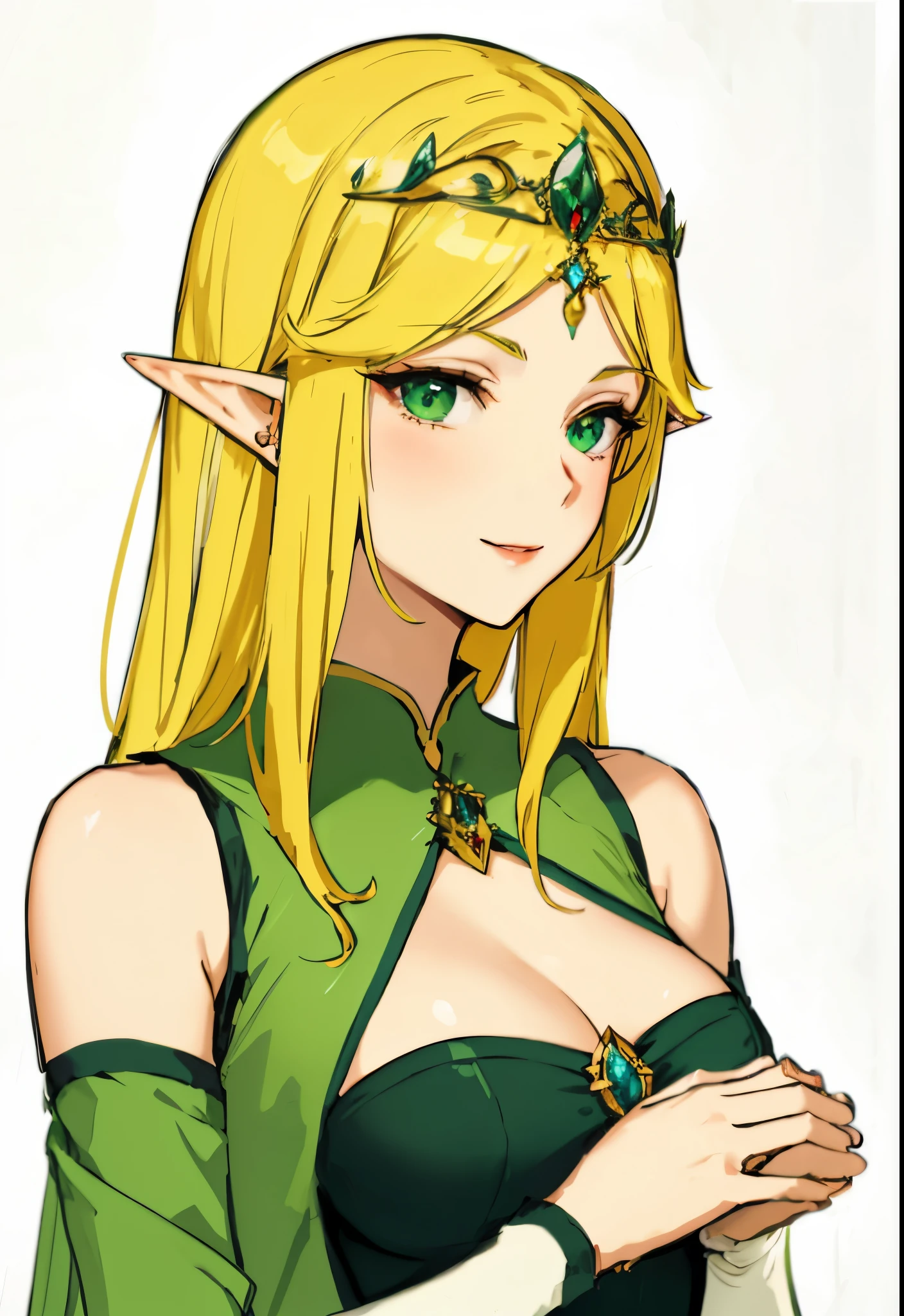 Anime sharp ear and blonde green eyes smiling woman with tiara on her head wearing green gown posing holding hand, pendamt on her chest, gold tiara with green pendant, red lips and red cheeks woman, elf girl, elf princess, an elf queen, elf queen, a blonde emerald warrior, elven princess, blonde - haired princess, beautiful and elegant elf queen, portrait of an elf queen