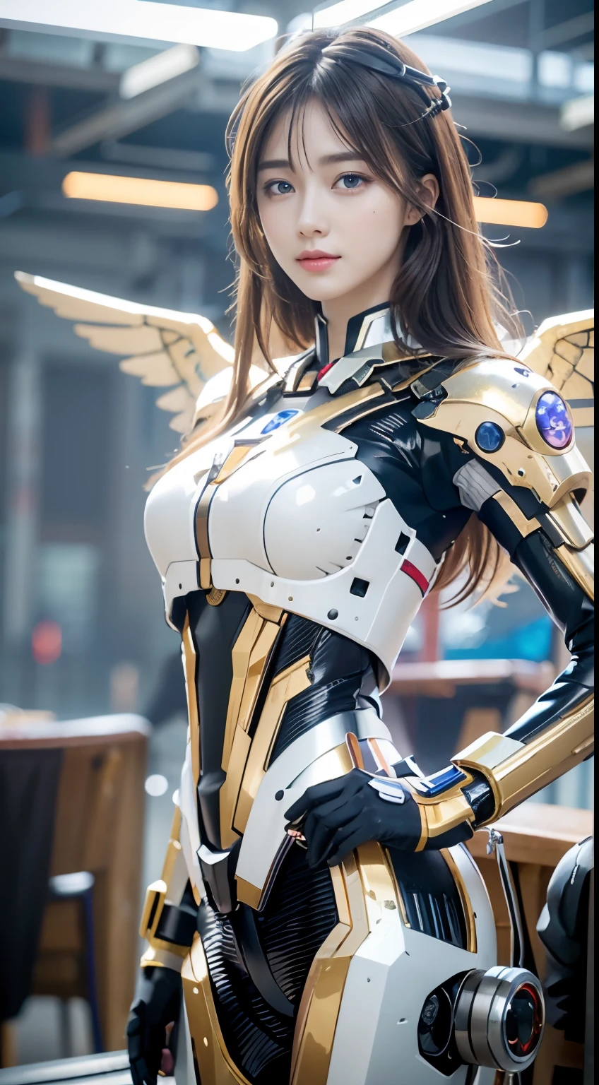 Android Girl&#39;a masterpiece of, (Best Quality), Highly detailed, Ultra-detailed, 1 android girl, (mechanical wings: Golden, Eyeliu of shining light, White Mecha: 1.2, ear: 0.8), (cyberpunkcity: 1.5, arma: energyblade), (Fantasy landscape: 1.2, Natural lighting: 1.5, Confident expression), (in a panoramic view: 1.2), White and red mechs, Blonde, Smile, Blue eyes, Angle, angelicales, open big wings