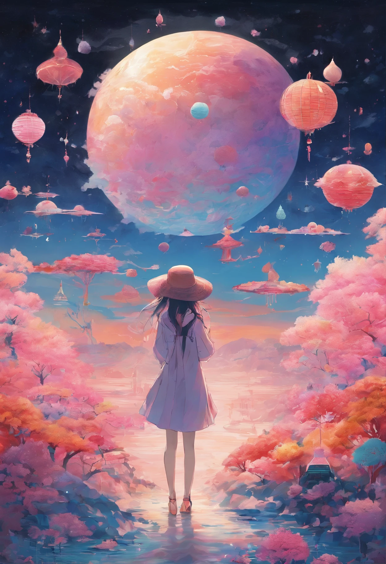 Girl in Hat、painting depicting a profile、There are many sweets on the hat。、This is the most delicious hat I've ever seen.。candy、syrup、cookies、a cake、black backgrounds、ultra-detailliert、Masterpiece、 (Texture Effects:1.4), subtle gradients, Fascinating craftsmanship, infrared photography, Otherworldly tones, surreal landscape, Invisible light, ethereal glow, Vivid colors, Phantom effect