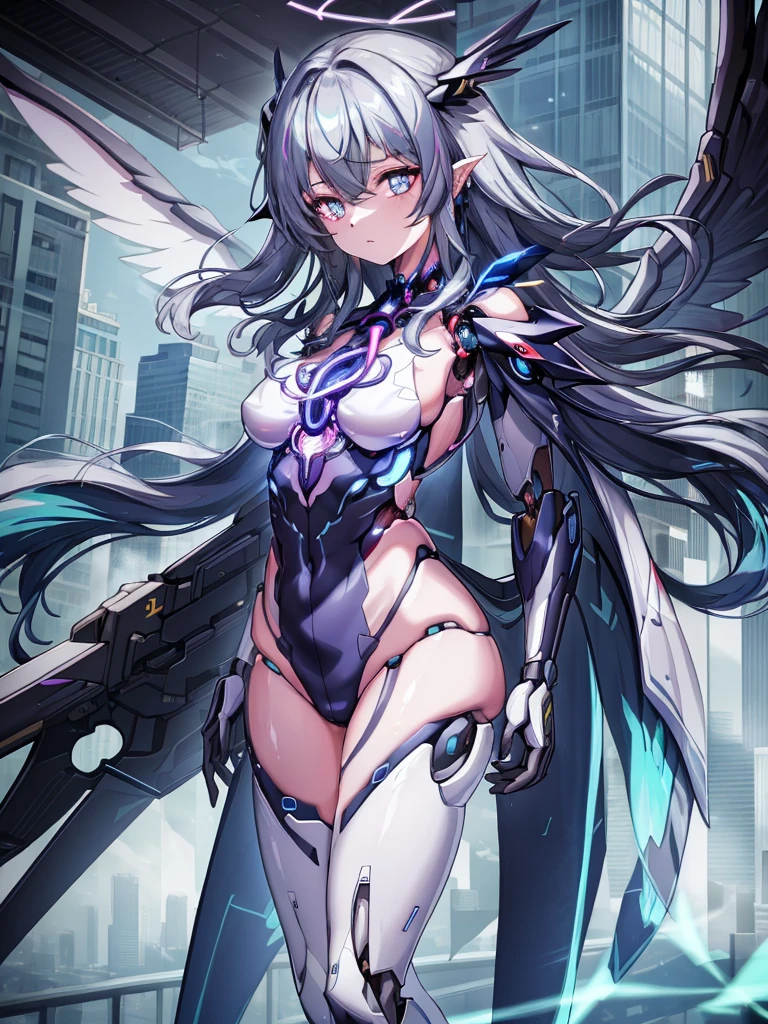 top-quality、ighly detailed、​masterpiece、ultra-detailliert、illustratio、((1girl in))、silber hair、length hair、Floating hair、、Cyber City、Neon building、(The upper part of the body:1.05)、extremely_Detailed_Eyes_And_Face,cybernetic wings mechanical wings、Random posture、Skyscraper、、Mechumusume、shrine maiden clothe,maid clothes、Random angles、anime styled,cowboy  shot