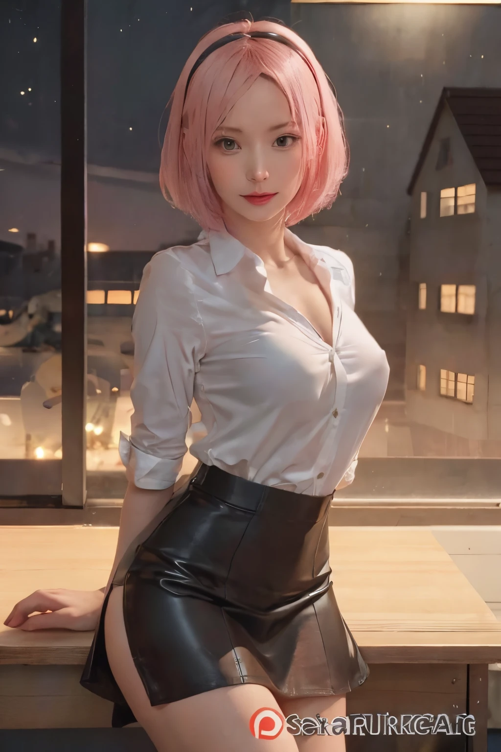 Sakura Uchiha. a woman was standing in a room. inside the scraper building again. in the evening. he was seen wearing a silver shirt. very tight. Combined with a black mini skirt which is also very tight. he seemed to be leaning against a table. with short pink hair. and white people seem to be wrong. and tiny red lips. so beautiful sexy and realistic