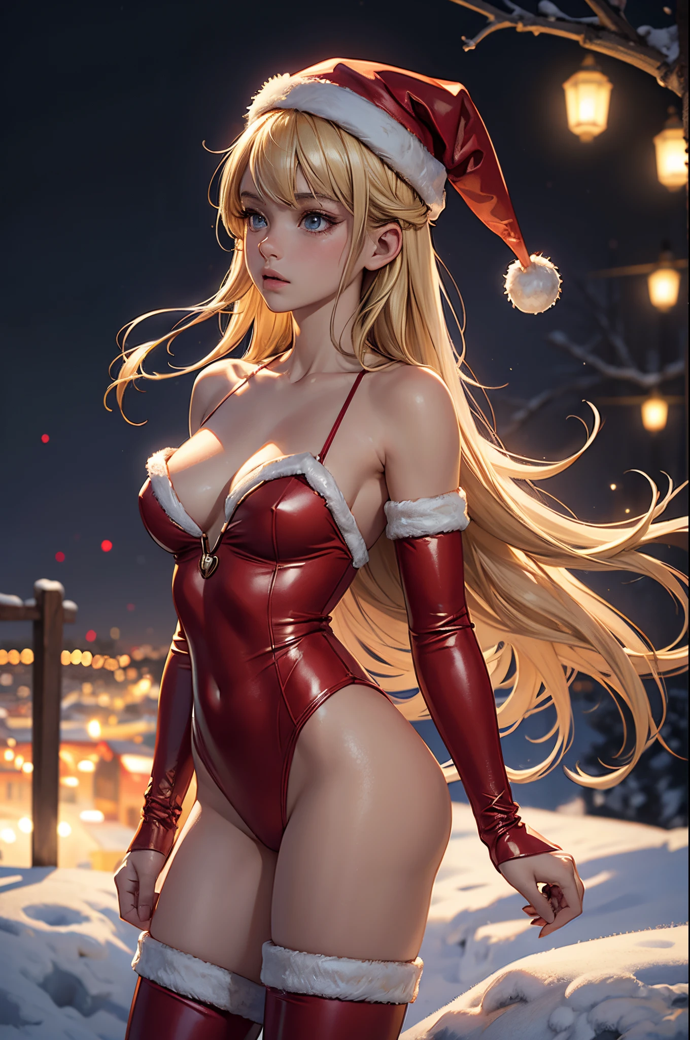 (masterpiece), (best quality), (detailed), light layer, 1solo girl, young girl, perfect body, blonde hair, defined chest, defined collarbone, ultra realistic, photorealistic, detailed, ,Enhance, wearing a santa suit with thigh high red boots and santa cap, outside, black of night, snowflake pattern, back view, looking over the shoulder