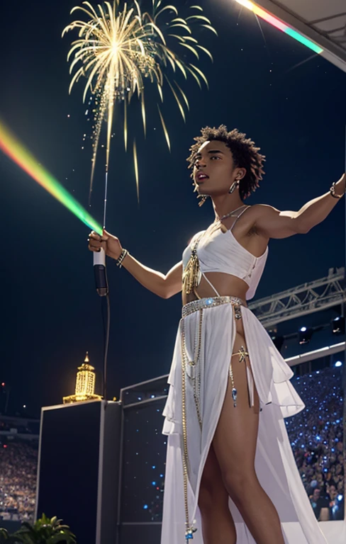 Tropical trap music chanteur des Caraïbes sur scène se produisant pour une large foule étourdissante concert néons laser lumières feux d'artifice la nuit dans le stade photoréaliste Hdri grand angle établissant la photo