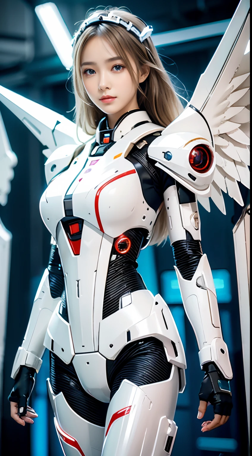 Android Girl'a masterpiece of, (Best Quality), Highly detailed, Ultra-detailed, 1 android girl, (mechanical wings: Golden, Eyeliu of shining light, White Mecha: 1.2, ear: 0.8), (cyberpunkcity: 1.5, arma: energyblade), (Fantasy landscape: 1.2, Natural lighting: 1.5, Confident expression), (in a panoramic view: 1.2), White and red mechs, Blonde, Smile, Blue eyes, Angle, angelicales, spread large wings