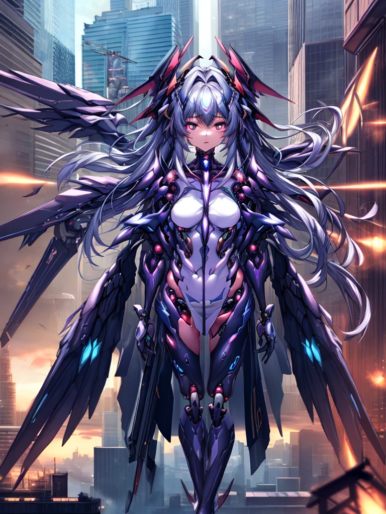 top-quality、ighly detailed、masterpiece、ultra-detailliert、illustratio、((1girl in))、silber hair、length hair、Floating hair、、Cyber City、Neon building、(The upper part of the body:1.05)、extremely_Detailed_Eyes_And_Face,cybernetic wings mechanical wings、Random posture、Skyscraper、、Mechumusume、shrine maiden clothe,maid clothes、Random angles、anime styled,cowboy shot
