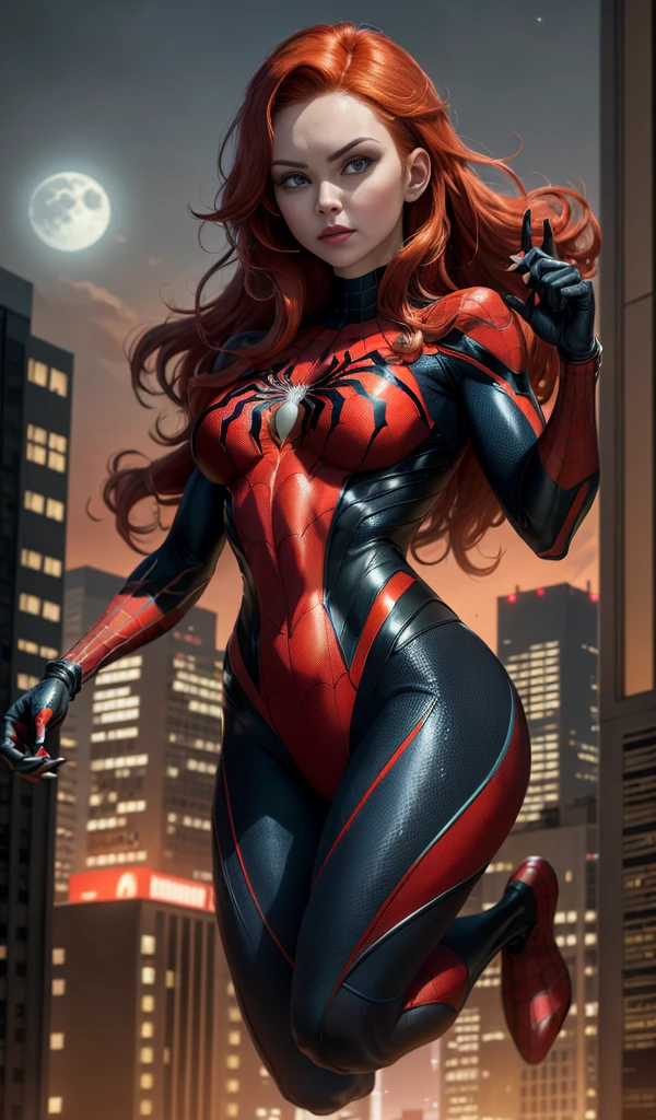 Clarity, front lighting , illumination details, masterpiece, 4k resolution, ultra-realistic, very detailed), (black superhero theme, charismatic, on top of town, wearing red Spider-Man costume, she's a superhero), [ ((25 years), (long red hair:1.2), full body, (green eyes:1.2), ((Spider-Man pose), show of strength, jumping from one building to another), ((sandy  environment):0.8), (cityscape, at night, dynamic lightull moon))] # Explanation: The Prompt mainly describes a 4K painting of ultra-high definition, very realistic, very detailed. It shows a superheroine at the top of the city, wearing a red Spider-Man costume. The theme in the painting  a bright superhero theme, the female protagonist has long red hair,  25 years old and her entire body  shown in the painting. In terms of portraying the actions of superheroines, spiders are employed