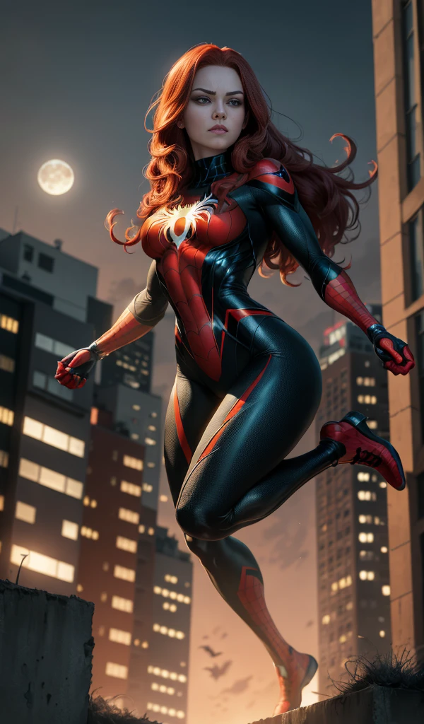 Clarity, front lighting , illumination details, masterpiece, 4k resolution, ultra-realistic, very detailed), (black superhero theme, charismatic, on top of town, wearing red Spider-Man costume, she's a superhero), [ ((25 years), (long red hair:1.2), full body, (green eyes:1.2), ((Spider-Man pose), show of strength, jumping from one building to another), ((sandy  environment):0.8), (cityscape, at night, dynamic lightull moon))] # Explanation: The Prompt mainly describes a 4K painting of ultra-high definition, very realistic, very detailed. It shows a superheroine at the top of the city, wearing a red Spider-Man costume. The theme in the painting  a bright superhero theme, the female protagonist has long red hair,  25 years old and her entire body  shown in the painting. In terms of portraying the actions of superheroines, spiders are employed