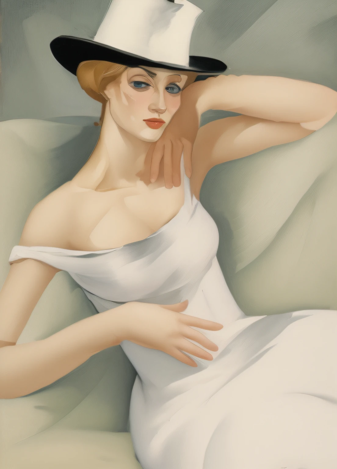 painting of a woman in a white dress and black hat, inspirado em Tamara Lempicka, inspirado em Tamara de Lempicka, jean dupas, inspirado em Zinaida Serebriakova, luvas vermelhas, inspired by Natalia Goncharova, by Moïse Kisling, Deni Viktor, Directed by: Natalia Goncharova, Meret Elisabeth Oppenheim