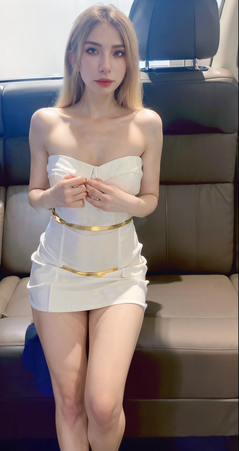 ((tmasterpiece)), ((Best quality at best)), 8K, k hd, super detailinaam), (White dress with gold trim), (The blonde hair shawl was scattered), (Closed eyes expression) (sleeping in the car 1.6) (Full body display 1.4) Artwork a masterpiece, With the best quality and super details, Shot in 8K HD. Photographic realism, actual, Very detailed illustrations realistic, octaneratingrendering