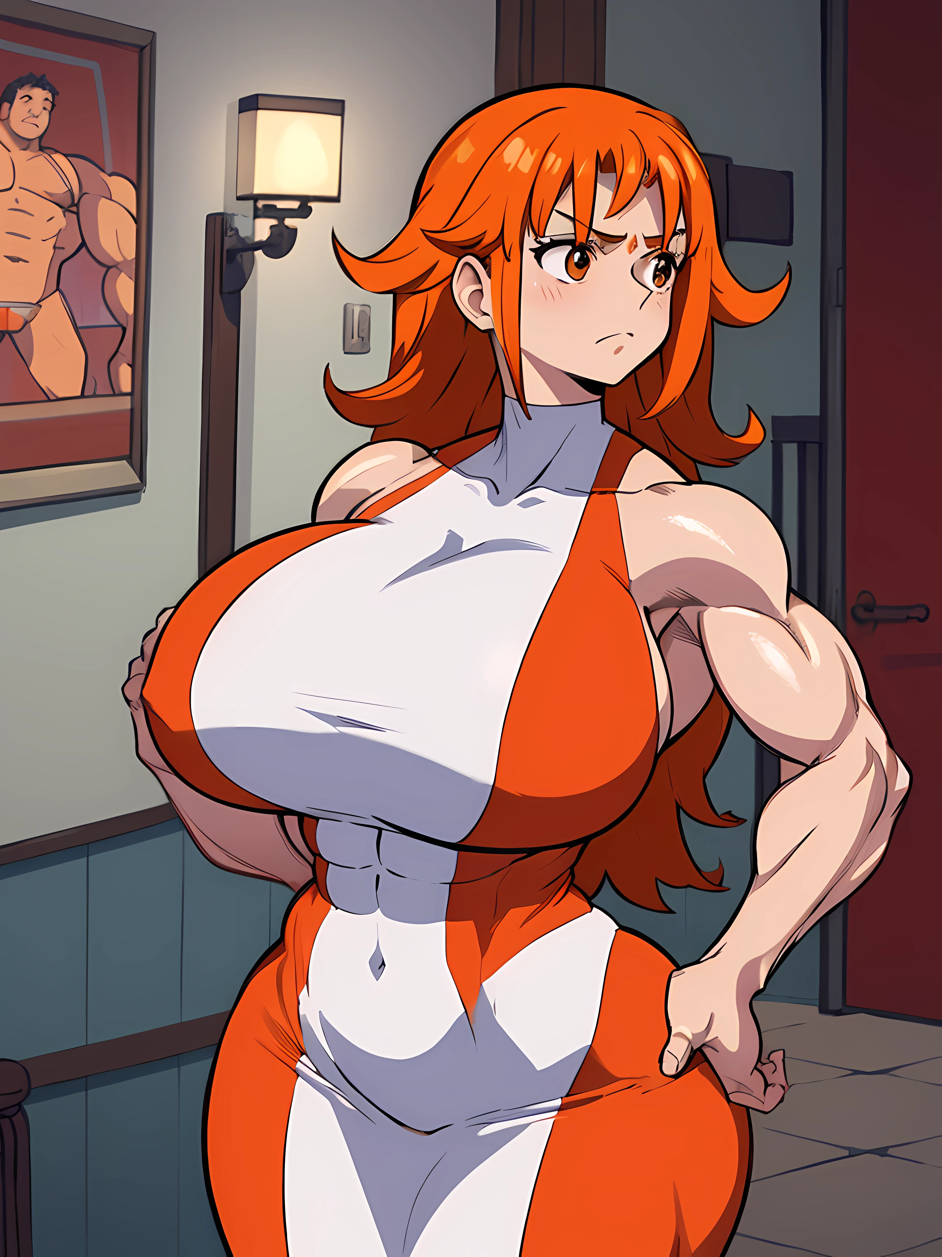 Cocktail dress, curvy athletic body, orange hair, brown eyes, body tight dress, ((((huge muscles))))