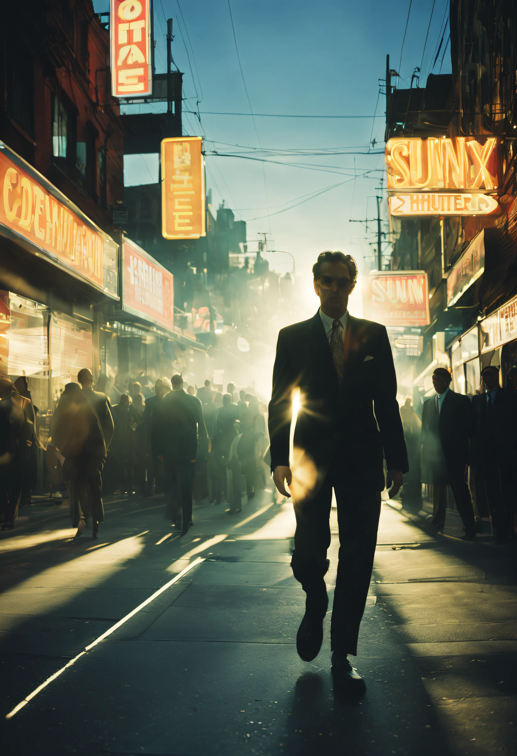 a double-exposure photograph of a man in a suit walking along and a street with neon signs, busy street, crowds, (sunny 4pm: 1.3), cinematic lighting, (double exposed: 1.4), camera flash light, (shutter drag: 1.5), motion bur, lens flare, (graflex speed graphic: 1.2), street photography, magnum, film grain, movie poster, Bruce Gilden style