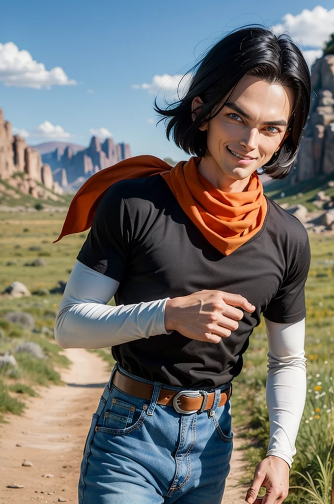 (8k, best quality, masterpiece:1.2),blue sky,rocky grassfields,1boy,android 17, (black shirt), orange bandana, jeans,brown belt,layered shirt,white sleeves,black hair, blue eyes, parted hair,red patch, short hair,upper body, evil smile, looking at viewer