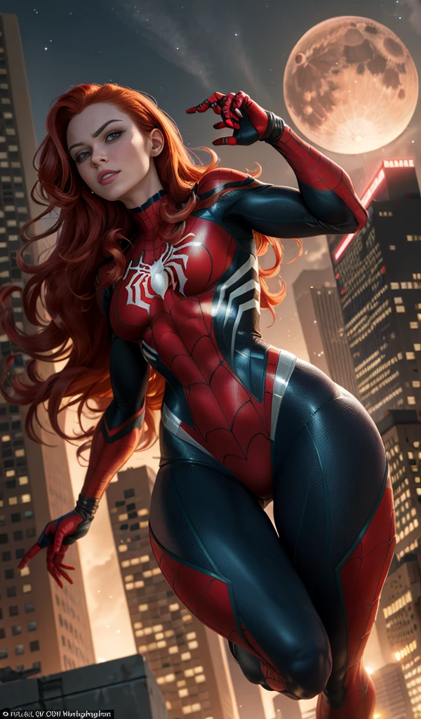 Clarity, front lighting , illumination details, masterpiece, 4k resolution, ultra-realistic, very detailed), (bright superhero theme, charismatic, on top of town, wearing red Spider-Man costume, she's a superhero), [ ((25 years), (long red hair:1.2), full body, (green eyes:1.2), ((Spider-Man pose), show of strength, jumping from one building to another), ((sandy  environment):0.8), (cityscape, at night, dynamic lightull moon))] # Explanation: The Prompt mainly describes a 4K painting of ultra-high definition, very realistic, very detailed. It shows a superheroine at the top of the city, wearing a red Spider-Man costume. The theme in the painting  a bright superhero theme, the female protagonist has long red hair,  25 years old and her entire body  shown in the painting. In terms of portraying the actions of superheroines, spiders are employed