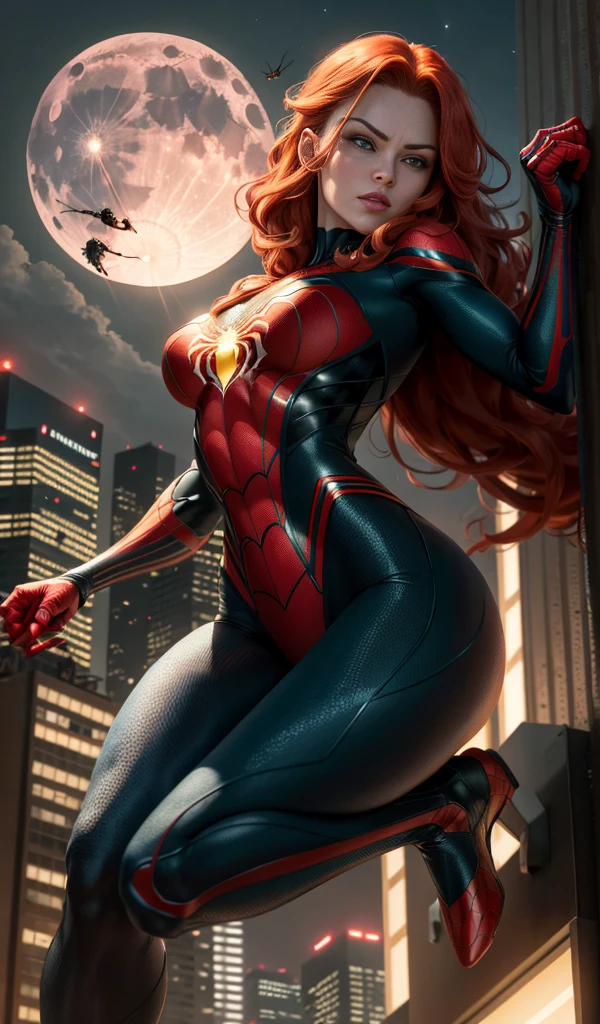 Clarity, front lighting , illumination details, masterpiece, 4k resolution, ultra-realistic, very detailed), (bright superhero theme, charismatic, on top of town, wearing red Spider-Man costume, she's a superhero), [ ((25 years), (long red hair:1.2), full body, (green eyes:1.2), ((Spider-Man pose), show of strength, jumping from one building to another), ((sandy  environment):0.8), (cityscape, at night, dynamic lightull moon))] # Explanation: The Prompt mainly describes a 4K painting of ultra-high definition, very realistic, very detailed. It shows a superheroine at the top of the city, wearing a red Spider-Man costume. The theme in the painting  a bright superhero theme, the female protagonist has long red hair,  25 years old and her entire body  shown in the painting. In terms of portraying the actions of superheroines, spiders are employed